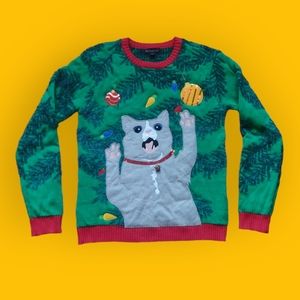 Men's Ugly Christmas Sweater Crazy Cat Size M Blizzard Bay Ornaments Tree Lights